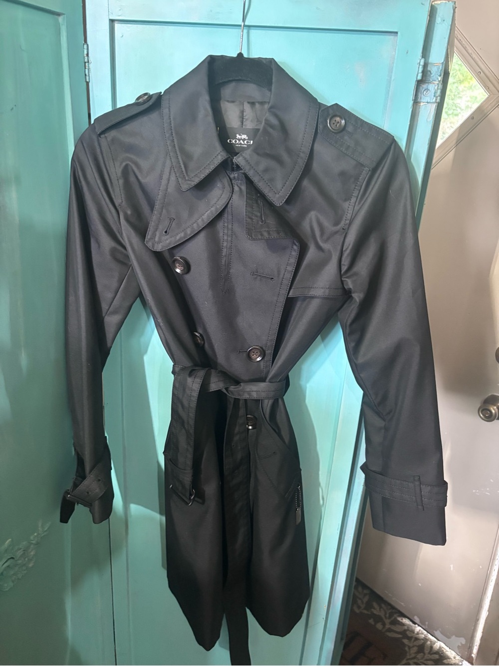 Coach Black Double-Breasted Trench Coat with Waist Tie